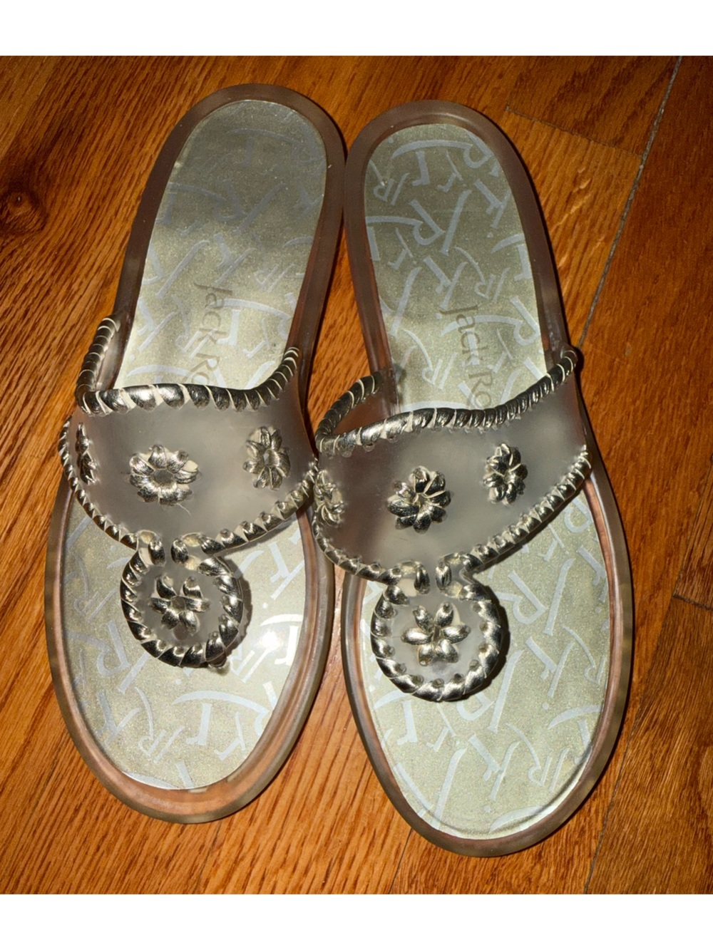 Jack Rogers Navajo jelly sandals in a clear platinum color
